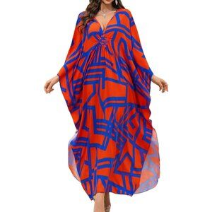 Women's Blue & Red Floral V-Neck Batwing Sleeves Summer Cover Up Kaftan Dress
